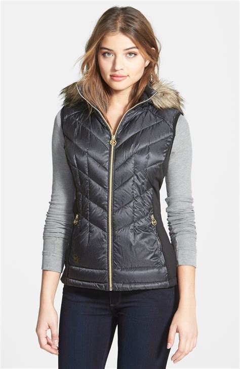 michael michael kors faux fur trim hooded down puffer vest|michael michael kors hooded faux fur trim belted down maxi puffer.